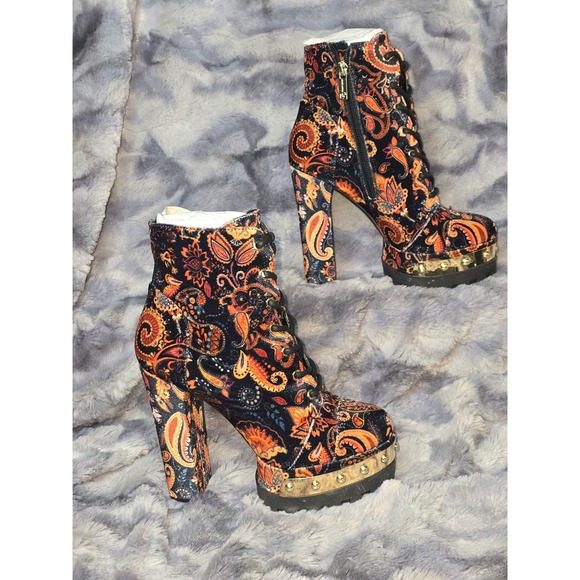 Jessica Simpson Shoes - NWB Jessica Simpson Irella Paisley Print Velvet Block Heel Lace Up Ankle Boots 5